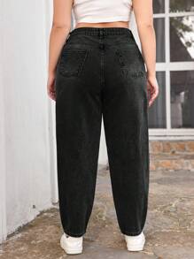 EURMUSE 100%Cotton Plus High Waist Mom Fit Jeans - Black - View 2