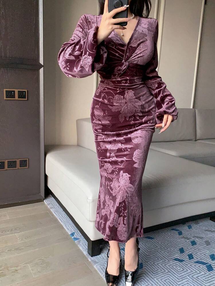 Full Floral Print V-Neck Cinched Waist Sexy Velvet Party Midi Dress For Women,Fall Clothes Long Sleeve Dress Prom Dress