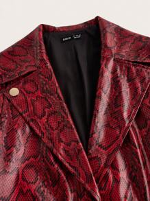 SHEIN X Belinda SHEIN Essnce Burgundy Snake Print Red All-Over Leather Suit Collar Long Sleeve Button Lapel Extra Long Waterproof And Windproof Jacket With Leather Belt Autumn And Winter