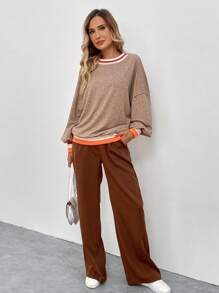 SHEIN LUNE 1 Áo nỉ dài tay hở vai phối gân tương phản dành cho nữ, phong cách thường ngày cho mùa thu - Màu Khaki - Xem 6