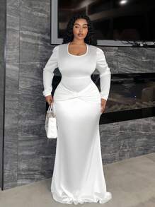 Slaydiva Đầm dự tiệc sang trọng cổ chữ V tay dài cho nữ cỡ lớn - trắng - Xem 1