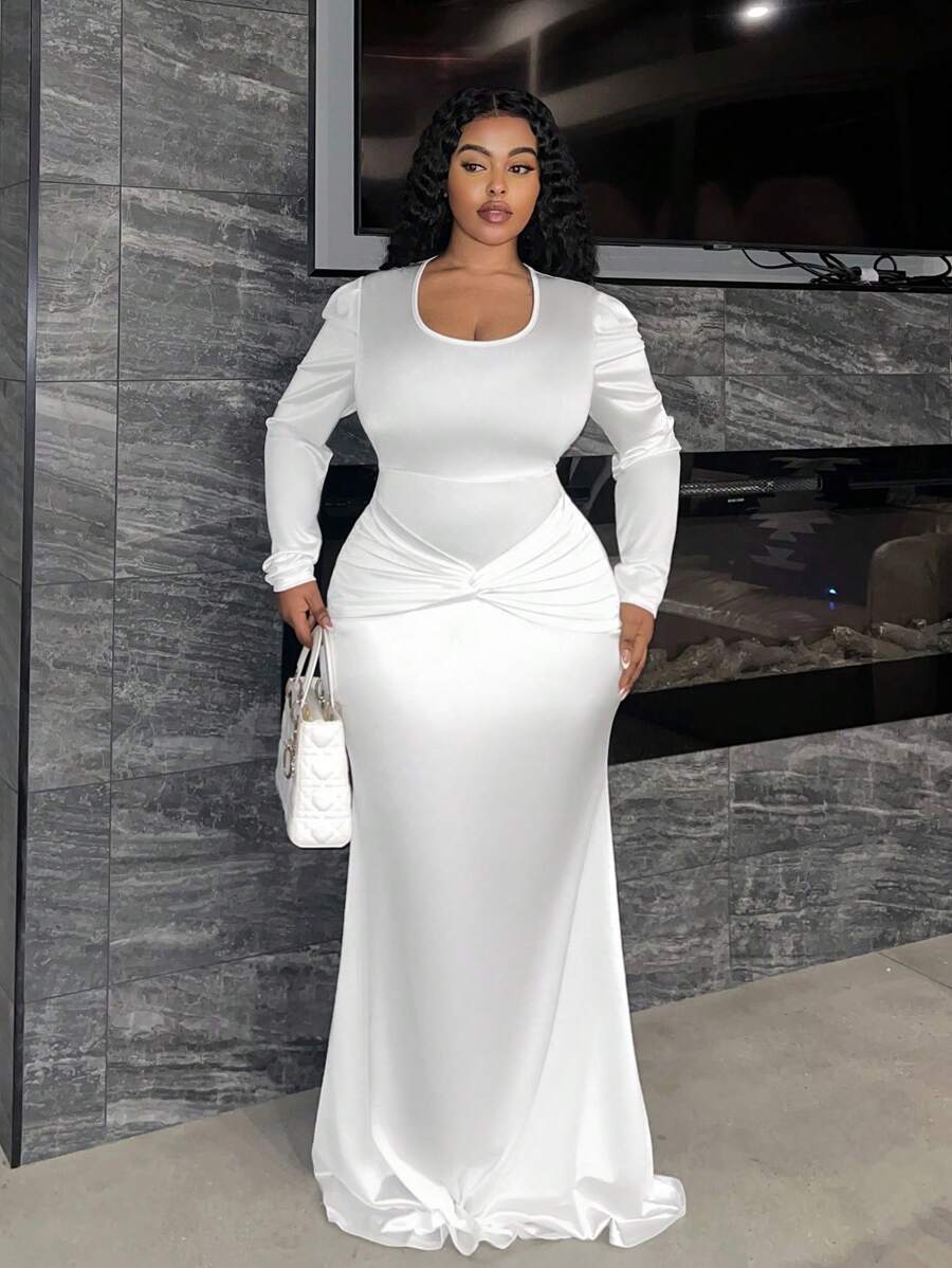 Slaydiva Đầm dự tiệc sang trọng cổ chữ V tay dài cho nữ cỡ lớn - trắng - Xem 1