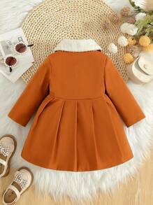 SHEIN Vintaside Kids 女婴毛领蝴蝶结装饰风衣，秋冬款 - 棕色 - 查看 2