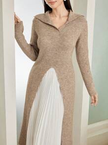 Modelyn High-End Design Shawl Collar High Slit Long Sleeve Knitted Women Sweater, Autumn/Winter Fall - Khaki - View 5