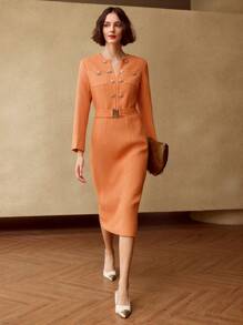 MOTF PREMIUM SOLIDE INKEPING NEK KNOOP DETAIL RIEM MIDI JURK, DAMES OUTFIT