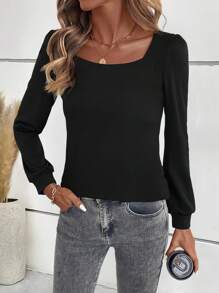 SHEIN LUNE Casual Solid Color Long Sleeve Shirt, Versatile For Autumn Fall Cloth For Women - Black - View 5