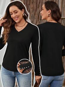 EMERY ROSE Kaos Dalam Wanita Fuzzy Top Hitam Berlapisan Termal dengan Hiasan Kancing di Manset - Hitam - View 1