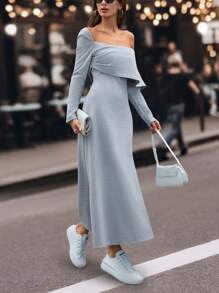 EURMUSE Đầm dài tay cổ lệch màu trơn mùa thu cho nữ, thanh lịch - Xám - Xem 1
