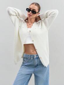 CLARA VERO Women Solid Color Hairy Yarn Rhinestone Detailed Front Button Cardigan - White - View 4