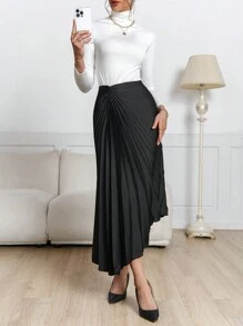 SHEIN Privé 1pc Women Casual Versatile Elegant Asymmetric Pleated Skirt, Suitable For Autumn/Winter