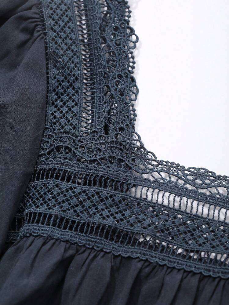 Sweet Lace Patchwork Puff Sleeve Loose Night Gown Pajama, Moo Moo, Fall, Winter