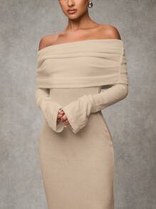 SHEIN BAE Women Elegant White Off-Shoulder Fitted Long Fall Dress,Elegant Women Dresses,Fall Wedding Guest Dress - Apricot - View 6