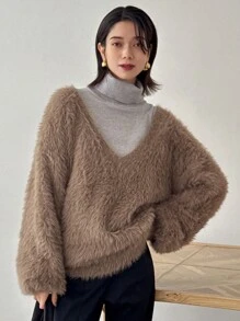 FRIFUL Áo len chui đầu trơn cổ chữ V rộng rãi cho nữ, Quần áo mùa thu cho nữ - Cà phê nâu - Xem 4