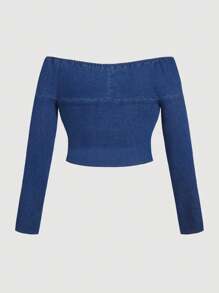 SHEIN MOD Plus Size Off Shoulder Tight Fit Lange Mouw Denim Blouse, Blauw