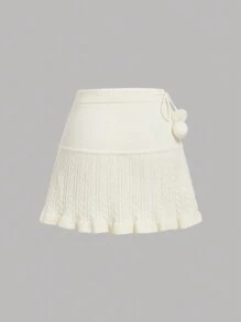 SHEIN MOD 女士奶油色针织中长裙，配侧系带和荷叶边下摆 - 杏色 - 查看 2