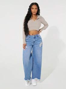 SHEIN SXY 女式破洞阔腿宽松休闲牛仔裤，带口袋 - 中等水洗藍 - 查看 7