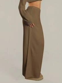 MUSERA Low Rise Ribbed Knit Co-Ord Maxi Skirt Only Night Out Fall Autumn Occasion Cute Sexy Thanksgiving  New Year - Mocha Brown - View 4