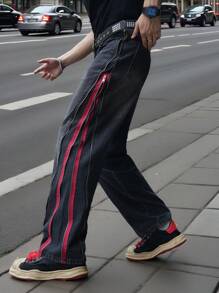 NEOSTRIT 男士口袋撞色直筒宽松休闲百搭宽松牛仔裤 - 黑色 - 查看 6