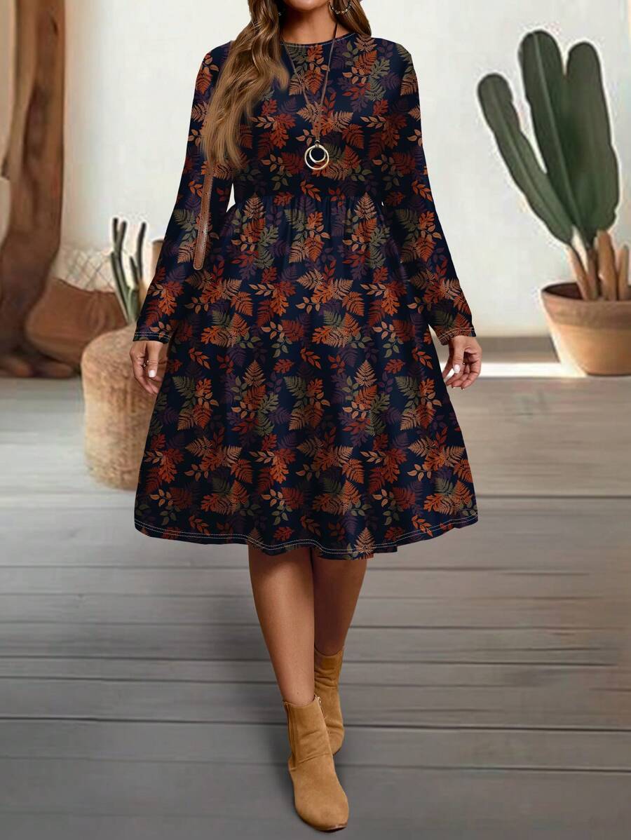 EMERY ROSE Plus Size Casual Vintage Leaf Print Fitted Crew Neck Long Sleeve Dress, Suitable For Autumn/Winter,Beach Dress Sundress,Holiday Outfits Boho