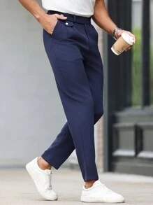 Manfinity Mode Men's Solid Color Pleated Pocket Straight-Leg Business Trousers, Men Navy Blue Dress Pants, Men Slim Fit Dress Pants, Men Business Casual Pants, Dark Blue Suit Pants, Navy Blue Trousers - Navy Blue - View 3