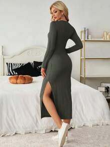 SHEIN Essnce Vestido de Body ajustado de manga larga y cuello redondo de otoño/invierno casual con abertura lateral para mujer, vestido midi de otoño para Halloween