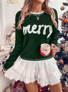 SHEIN LUNE Women Christmas Letter Graphic Ribbed Trim Round Neck Sweater, Casual For Everyday Wear, Autumn/Winter Knit Pullover Fall - Dark Green - View 3