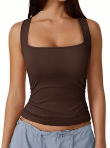 SHEIN SXY 大码休闲纯色褶饰修身背心 - 巧克力棕 - 查看 1