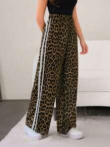 Mulvari Leopard Print Contrast Color Tape Patchwork Casual Leopard Print Pants