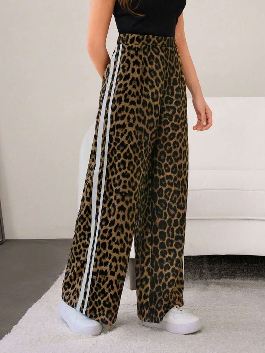 Mulvari Leopard Print Contrast Color Tape Patchwork Casual Leopard Print Pants