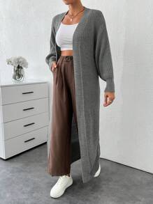 SHEIN Tall Drop Shoulder Open Front Longline Cardigan - Dark Grey - View 3