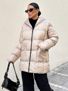 RueChic Women's Solid Color Zip Up Front Pocket Minimalist Hoodie - Beige - View 6