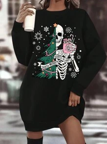 Flirla 大码女式骷髅印花圆领长袖休闲连衣裙，秋季 - 黑色 - 查看 1