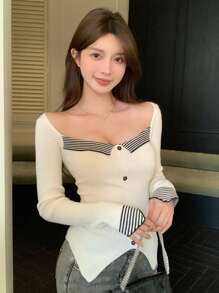 DAZY Stripe Patchwork Slit Fitted Minimalist Knitted Sweater For Women,Fall Clothes