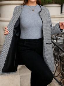 Plus Size Women's Spring & Autumn Plaid Print Long Sleeve Pocket Front Open Casual Jacket Fall Cloth For Women