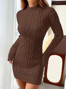 SHEIN EZwear Women's Solid Color Long Sleeve Backless Fitted Sweater Dress, Autumn/Winter - Brown - View 4