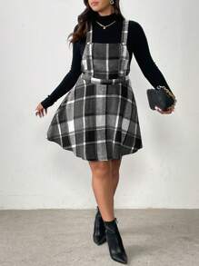 Flirla 大码女式格子休闲连衣裤 - 黑與白 - 查看 4