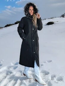 SHEIN LUNE 带衬垫连帽蓬松衬里派克大衣 黑色外套，长款女式外套 - 黑色 - 查看 6