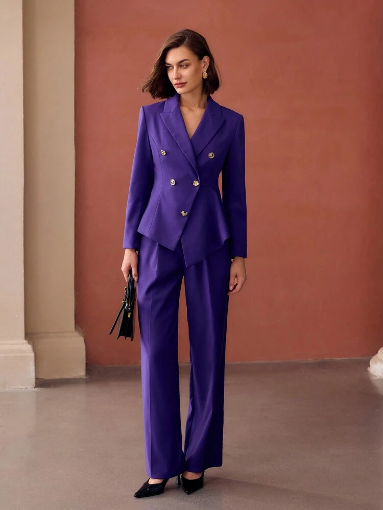 SOLID BUCKLE WAIST SEAM FRONT STRAIGHT LEG SUIT PANTS