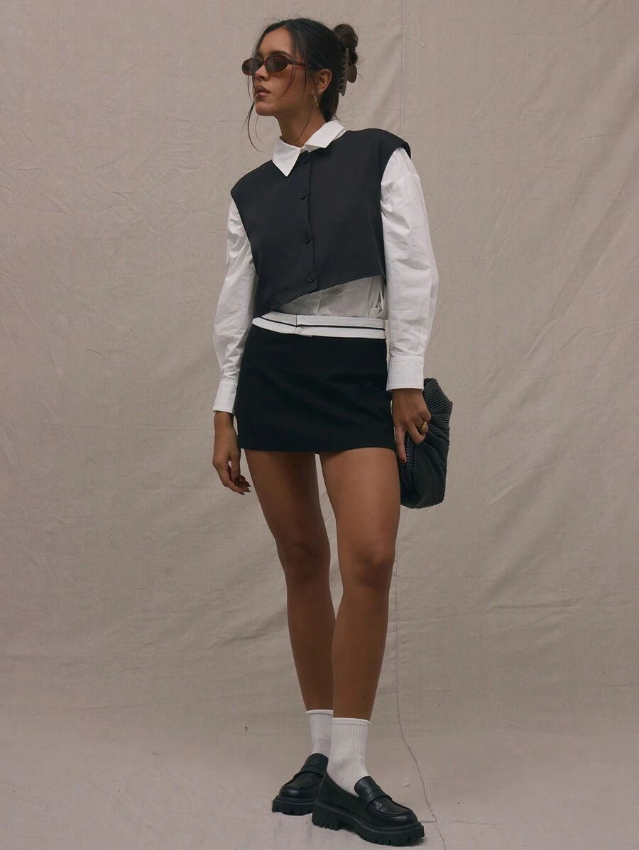 MUSERA Foldover Contrast Waistband Skirt 90's Summer - Black - View 1