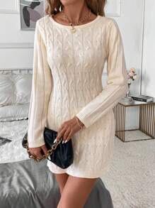 SHEIN Clasi 大码女式纯色圆领长袖扭结蝴蝶结装饰毛衣连衣裙，秋季 - 米色 - 查看 3