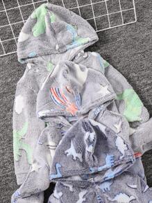 SHEIN 6 件/套儿童男孩休闲图案印花羊毛连帽衫和抽绳裤，3 种设计 X 1，适合学校、花园、海滩、生日、春季、夏季、秋季、冬季 - 彩色 - 查看 4