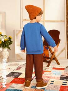 SHEIN Set de 2 piezas para niños pequeños - Suéter de cuello redondo de manga larga con estampado de dibujos animados lindo/vintage/casual/de vuelta a la escuela y pantalones, adecuado para la escuela y exteriores, primavera/otoño/invierno