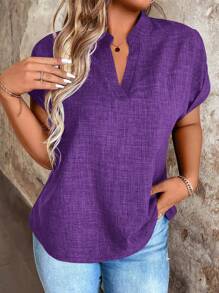 EMERY ROSE Blusa de manga corta murciélago de cuello en V de unicolor para mujer talla grande