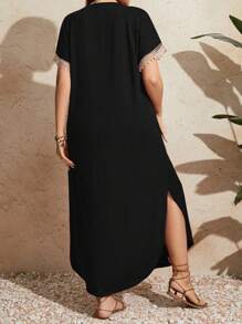 EMERY ROSE Vestido de verano de manga corta con encaje para mujer de talla grande - Negro - Ver 2