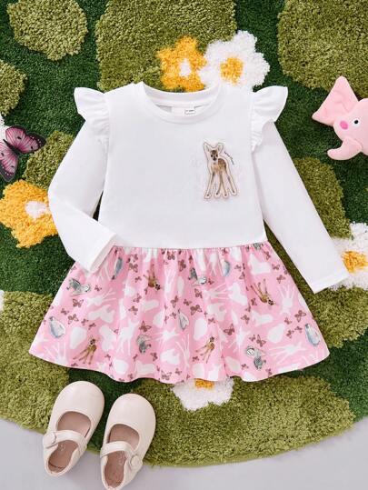 Animal Planet X SHEIN Baby Girl Vit Söt Hjort Print Långärmad Casual Klänning, bedårande stil Lämplig för höst/vinter