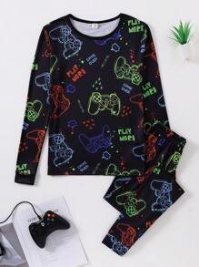 2pcs Snug Fit Teen Boys Casual Game Controller Glow In The Dark Print Long Sleeve Top And Pants Loungewear Set