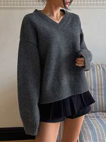 DAZY 1 件女士简约纯色宽松 V 领长袖毛衣，适合秋冬季，秋季女装 - 灰色 - 查看 7