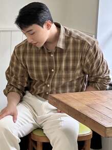 DAZY 男士前扣衬衫领长袖格子休闲上衣 - 棕色 - 查看 2