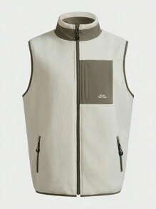 In My Nature Men's Contrast Trim Beige Fleece Puffer Vest,Autumn Athletic Vacation Outdoor Jacket,Front Zipper Sleeveless Pocket Casual Versatile Winter Outfit - Apricot - View 1