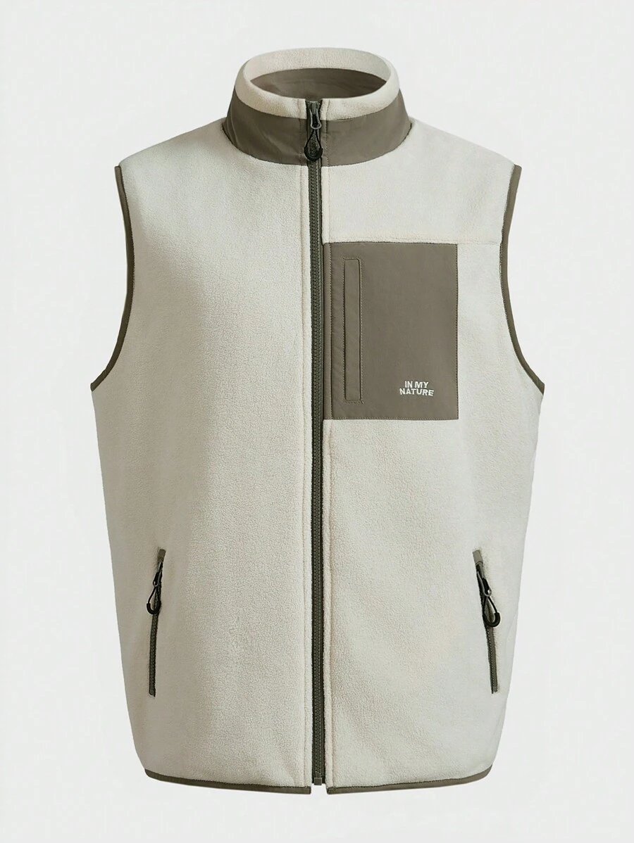 In My Nature Men's Contrast Trim Beige Fleece Puffer Vest,Autumn Athletic Vacation Outdoor Jacket,Front Zipper Sleeveless Pocket Casual Versatile Winter Outfit - Apricot - View 1